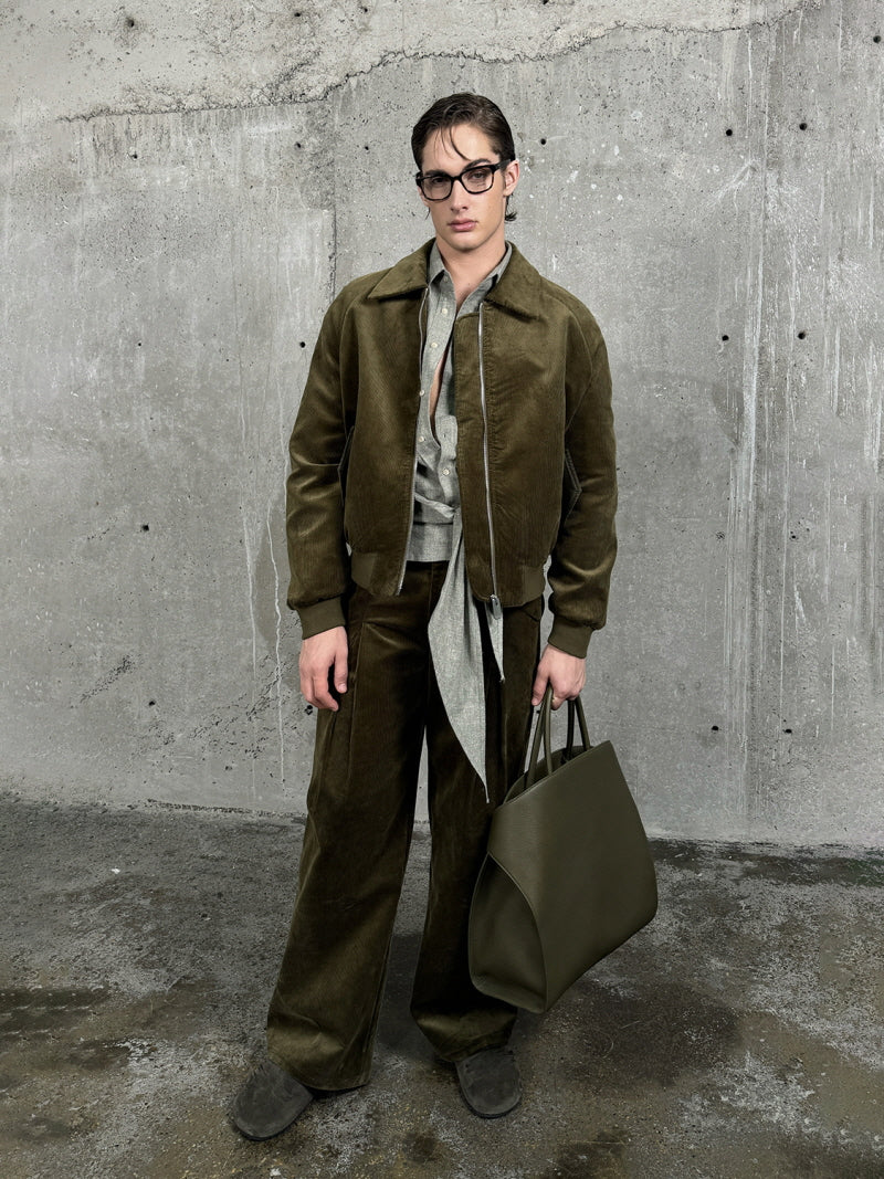 Dark Green Corduroy Short-Zip Jacket