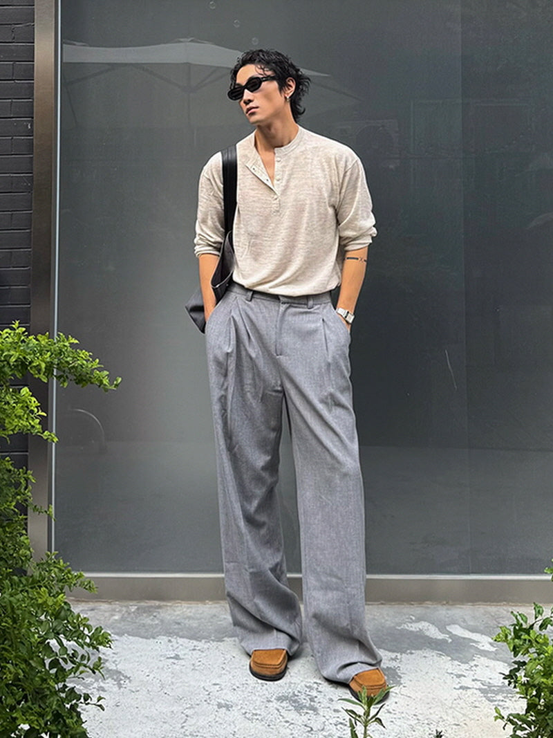 Linen Blend Henry Neck Long Sleeve T-Shirt