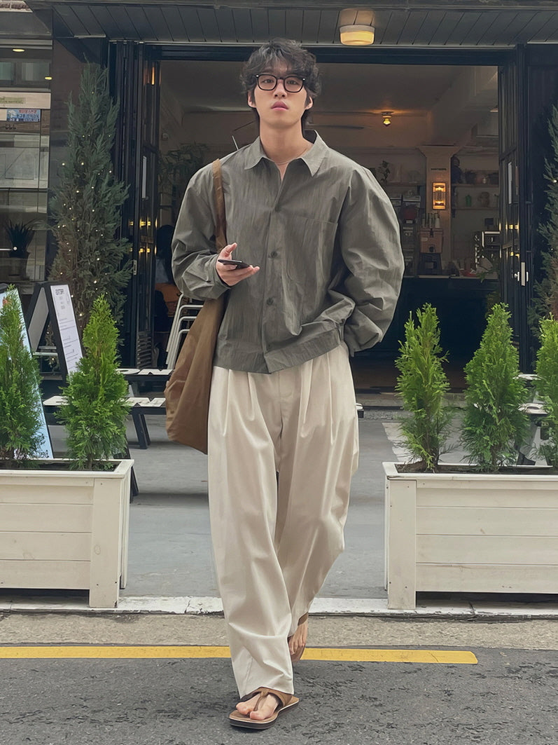 Gray-Green Retro Lapel Shirt