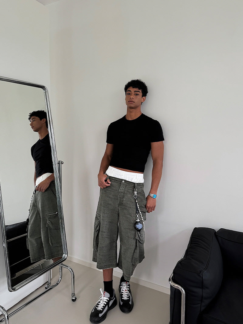 Retro Army Green Cropped Cargo Shorts