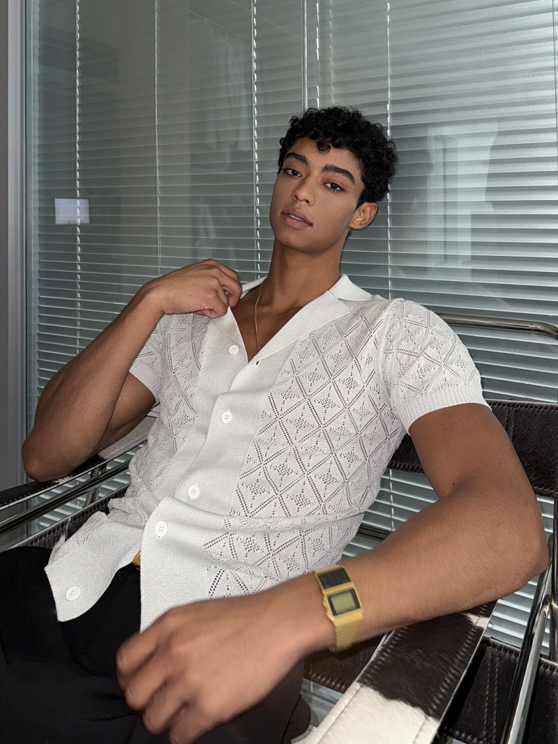 Silver Diamond Check Knit Lapel Short Sleeve