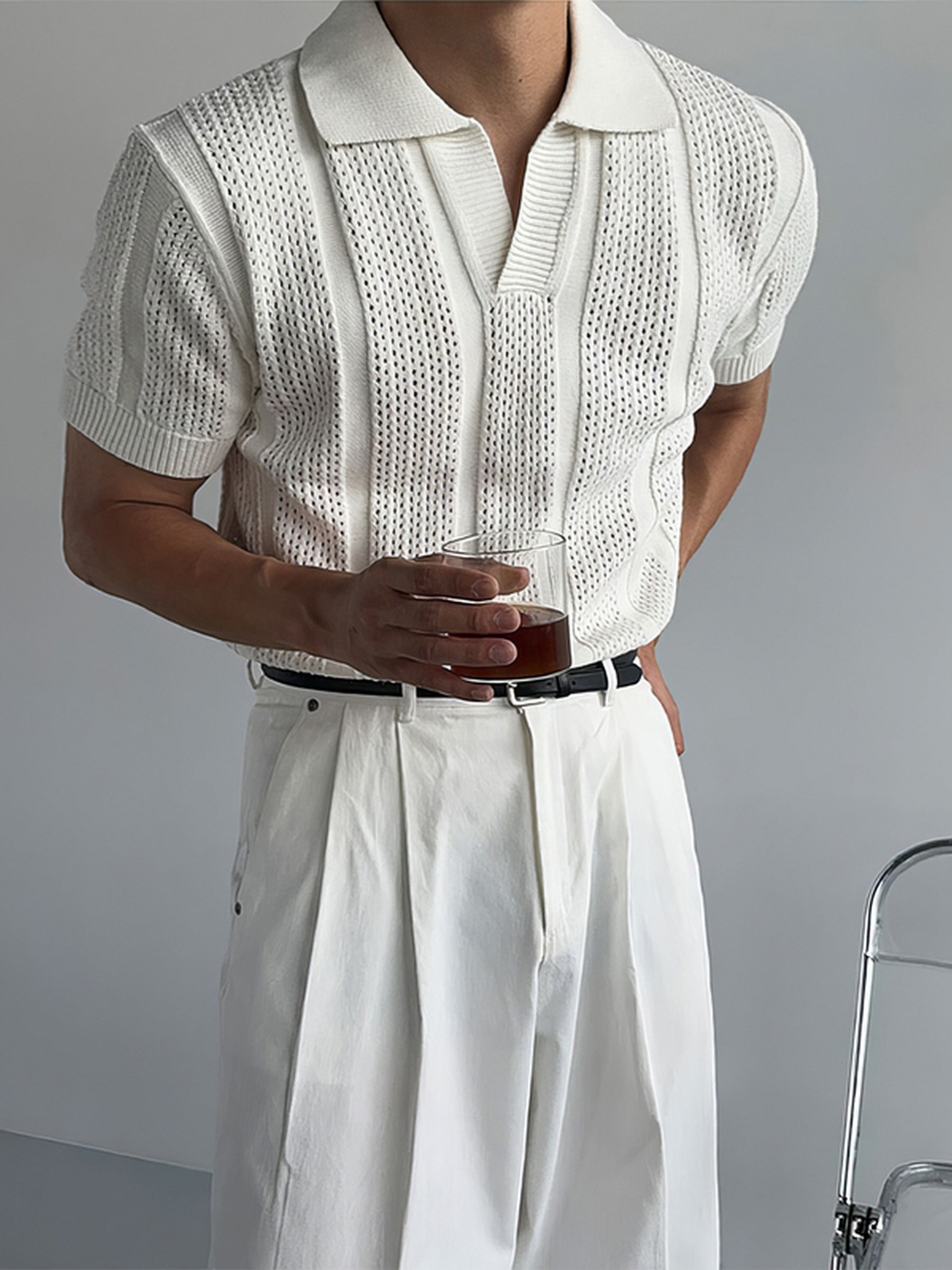 White Mesh Knit Polo Top