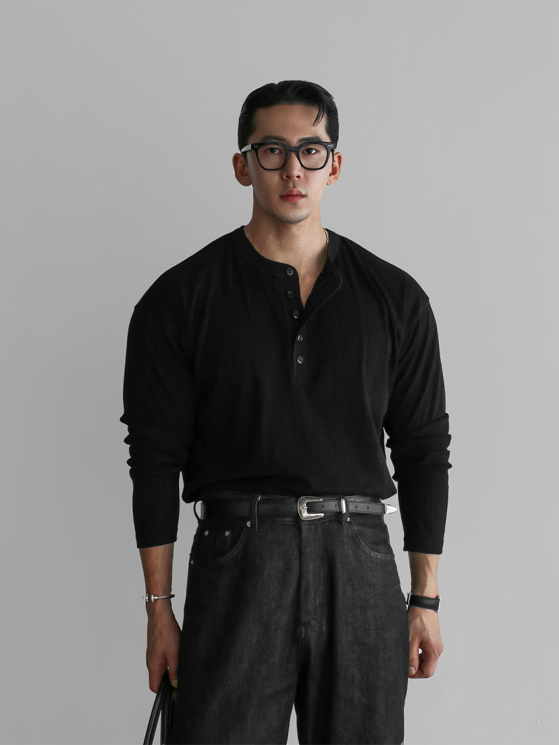 Henry Collar Vertical Stripe T-Shirt
