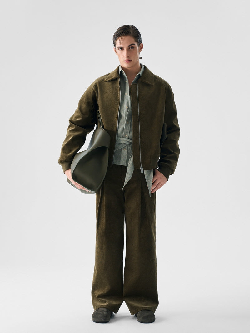 Dark Green Corduroy Short-Zip Jacket