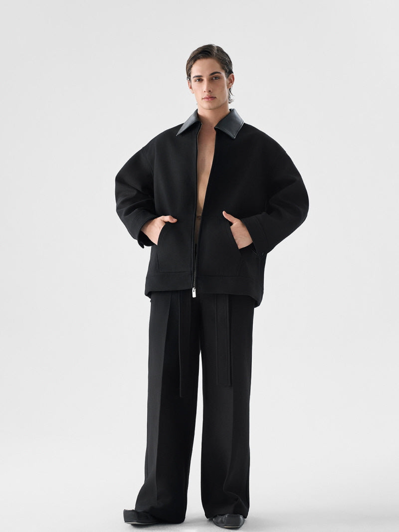 Leather Collar Tweed Jacket