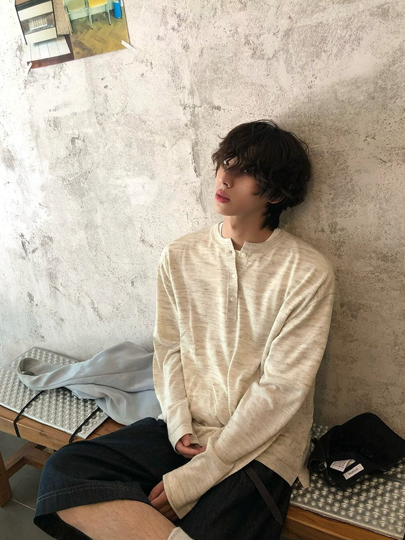 Linen Blend Henry Neck Long Sleeve T-Shirt