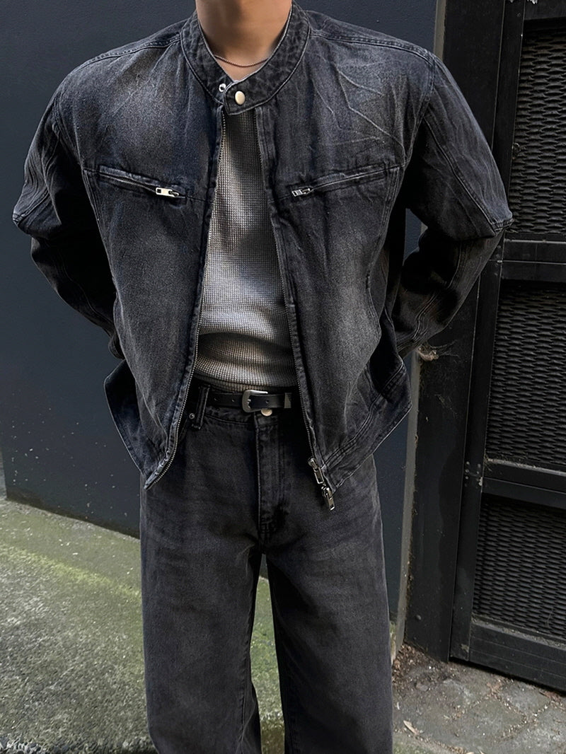 Cropped Stand Collar Denim Jacket