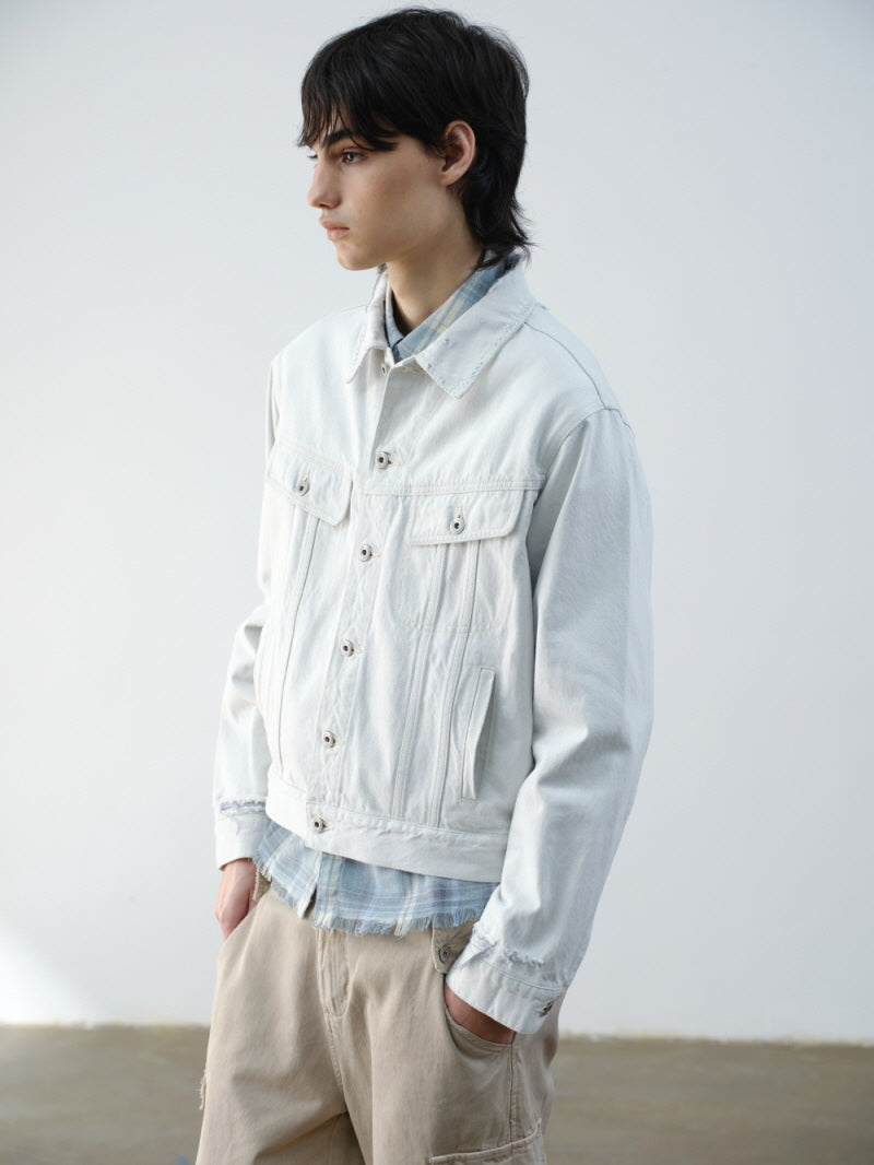 Distressed Blue-White Crop Jacket