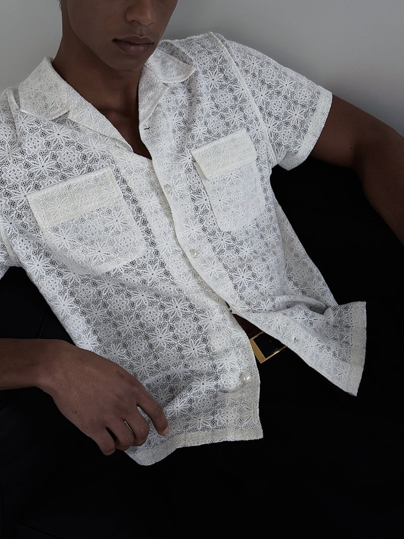 White Lace Cuban Collar Shirt