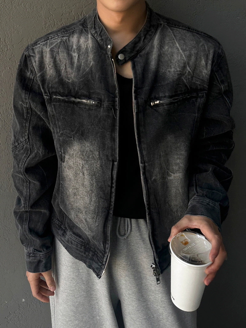 Cropped Stand Collar Denim Jacket