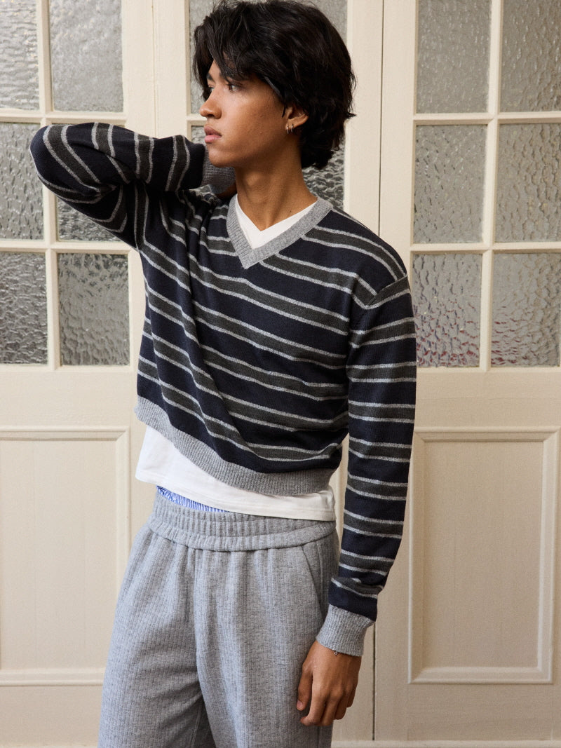 Cropped Stripe V-Neck Knit