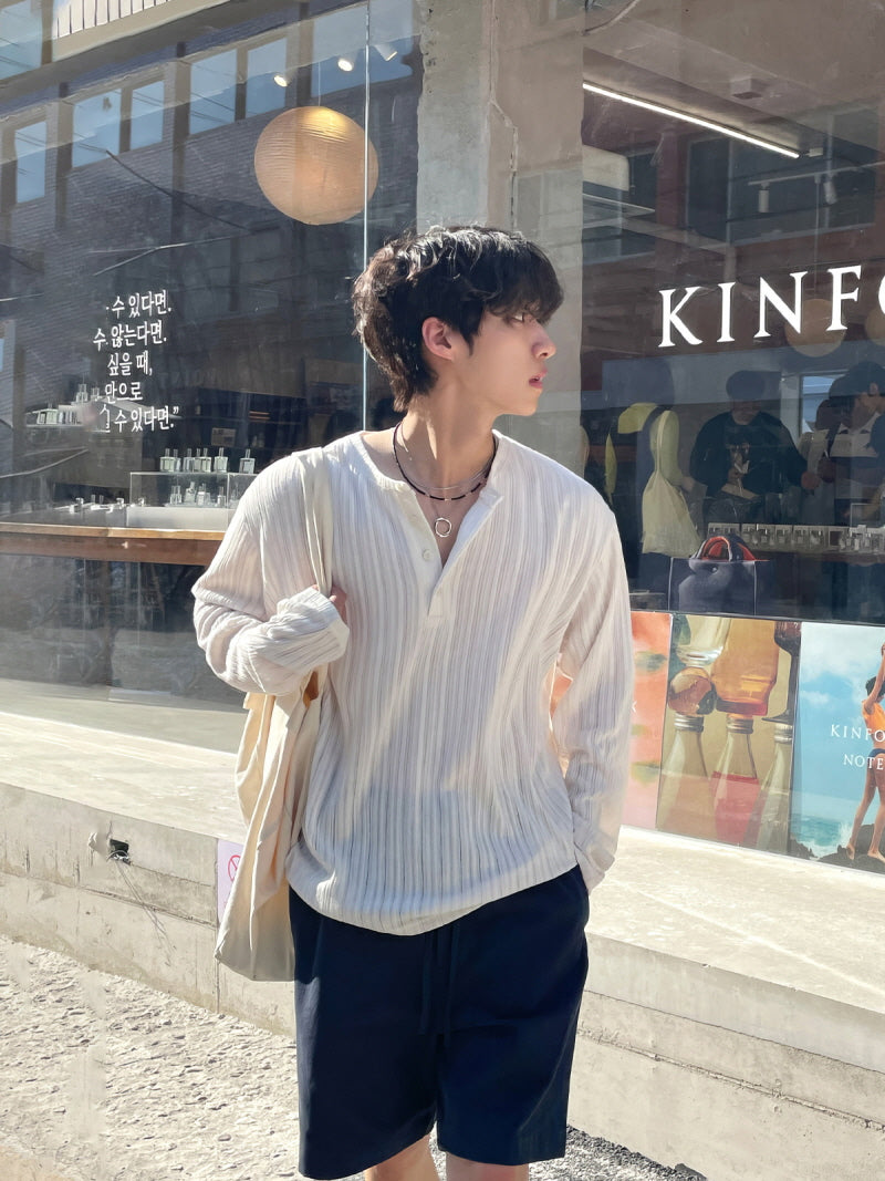 Casual Knit Henley Stripe Long Sleeve Top