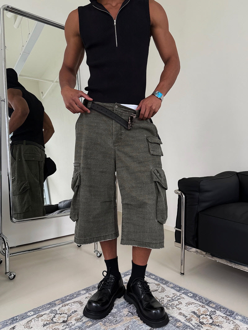 Retro Army Green Cropped Cargo Shorts