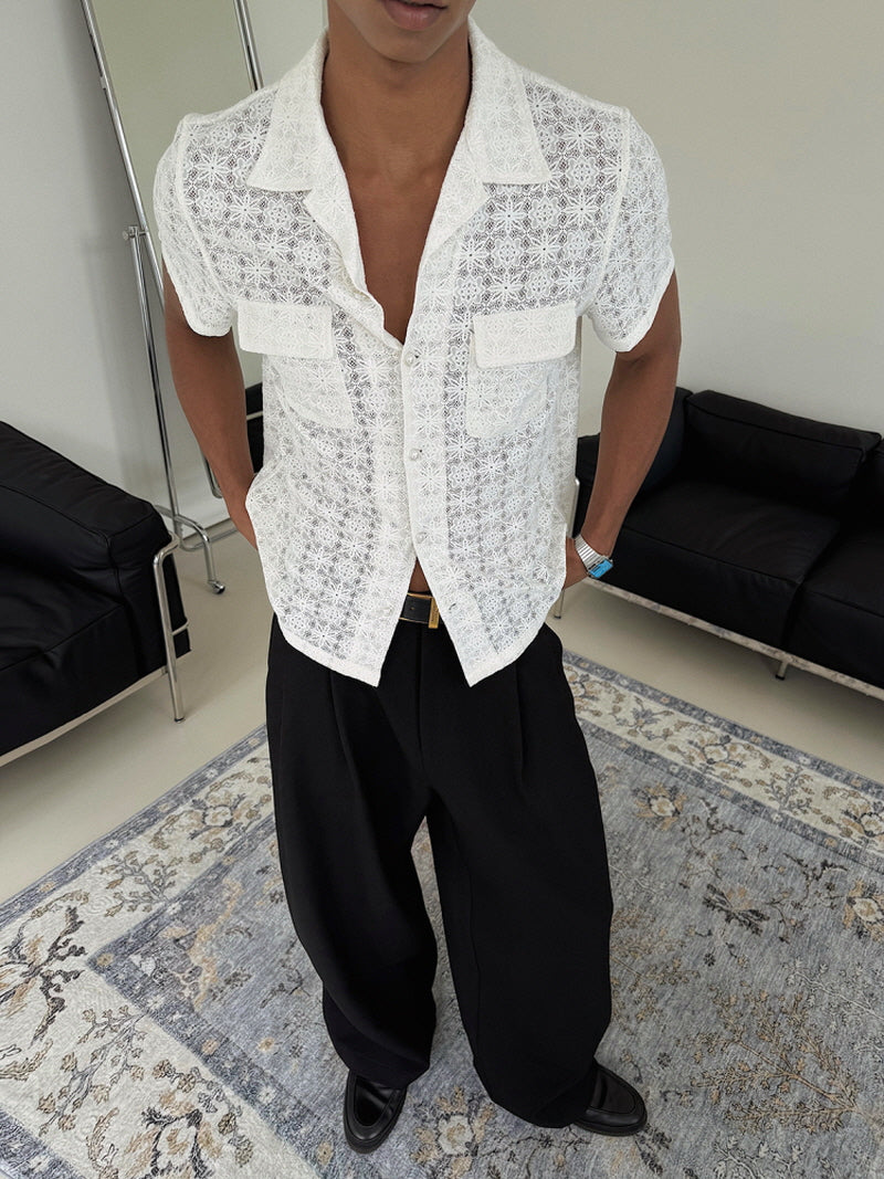 White Lace Cuban Collar Shirt