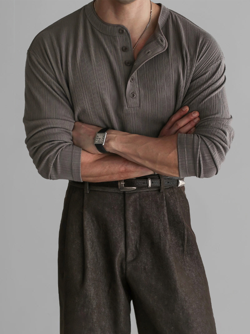 Henry Collar Vertical Stripe T-Shirt