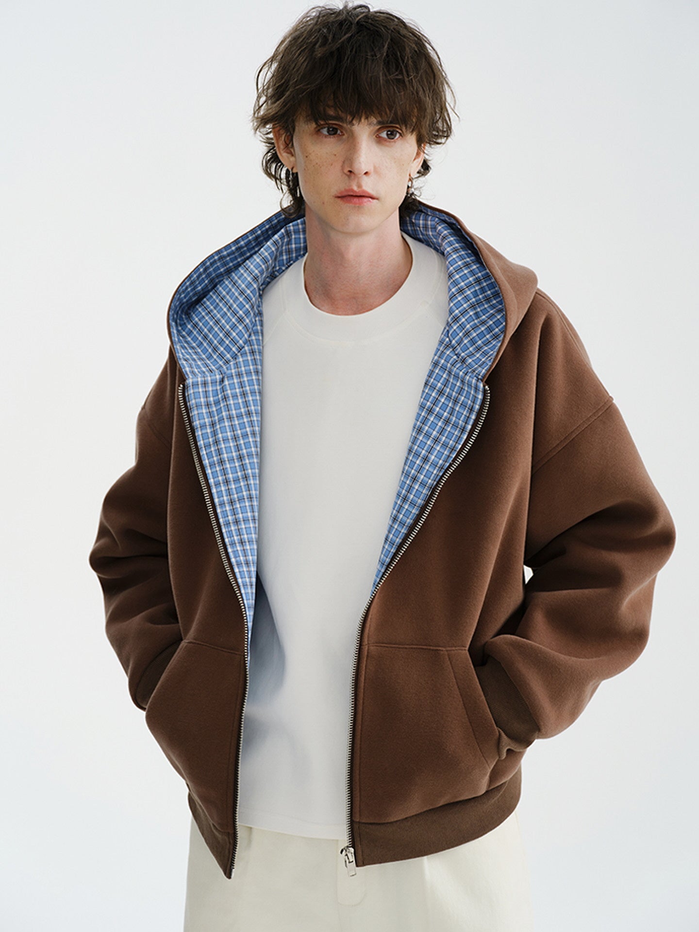 Heavy Plaid Hooded Cardigan