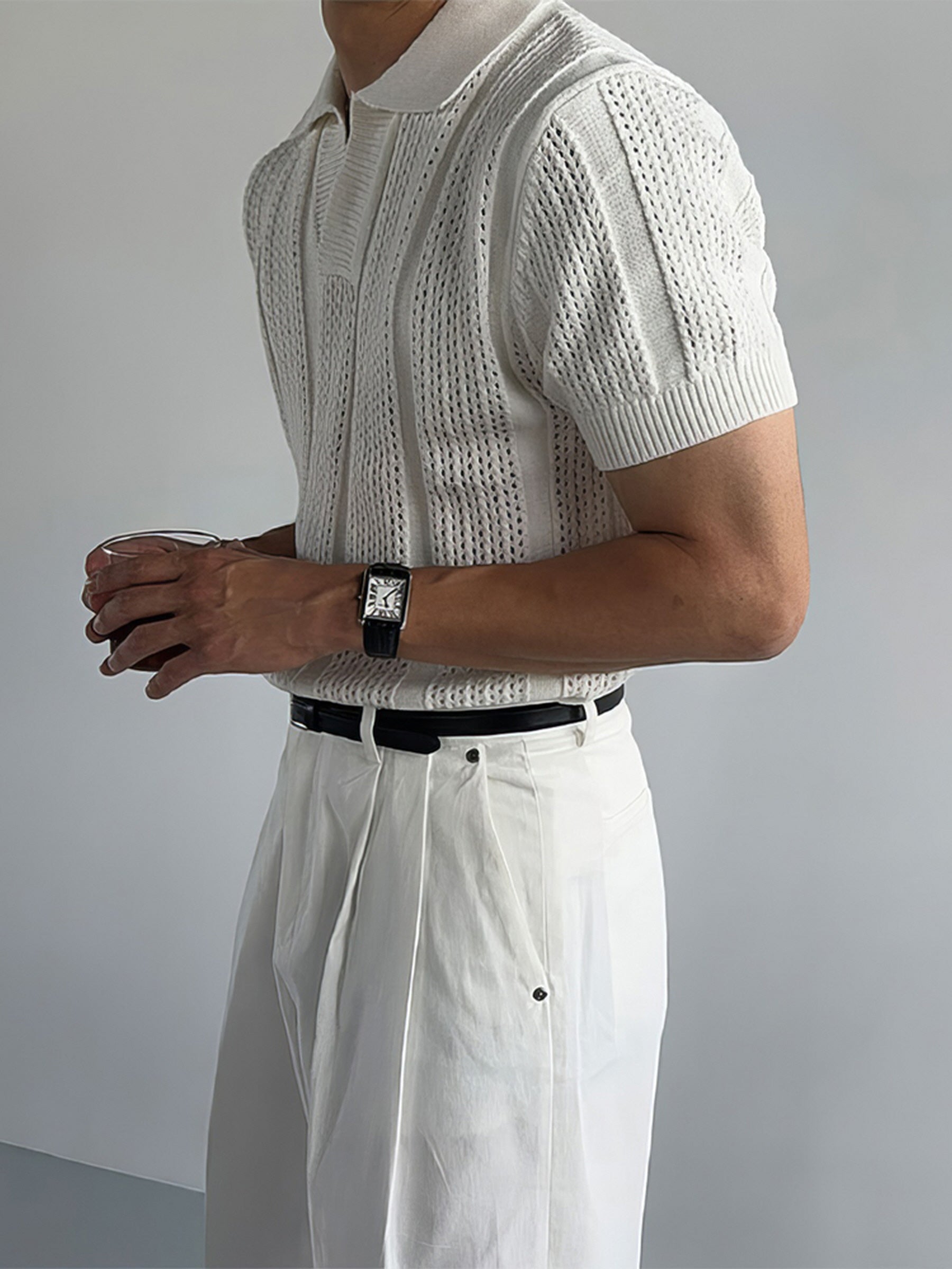 White Mesh Knit Polo Top