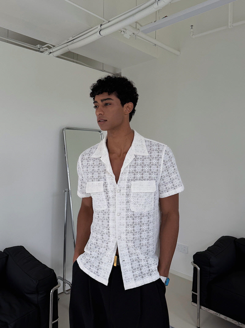 White Lace Cuban Collar Shirt