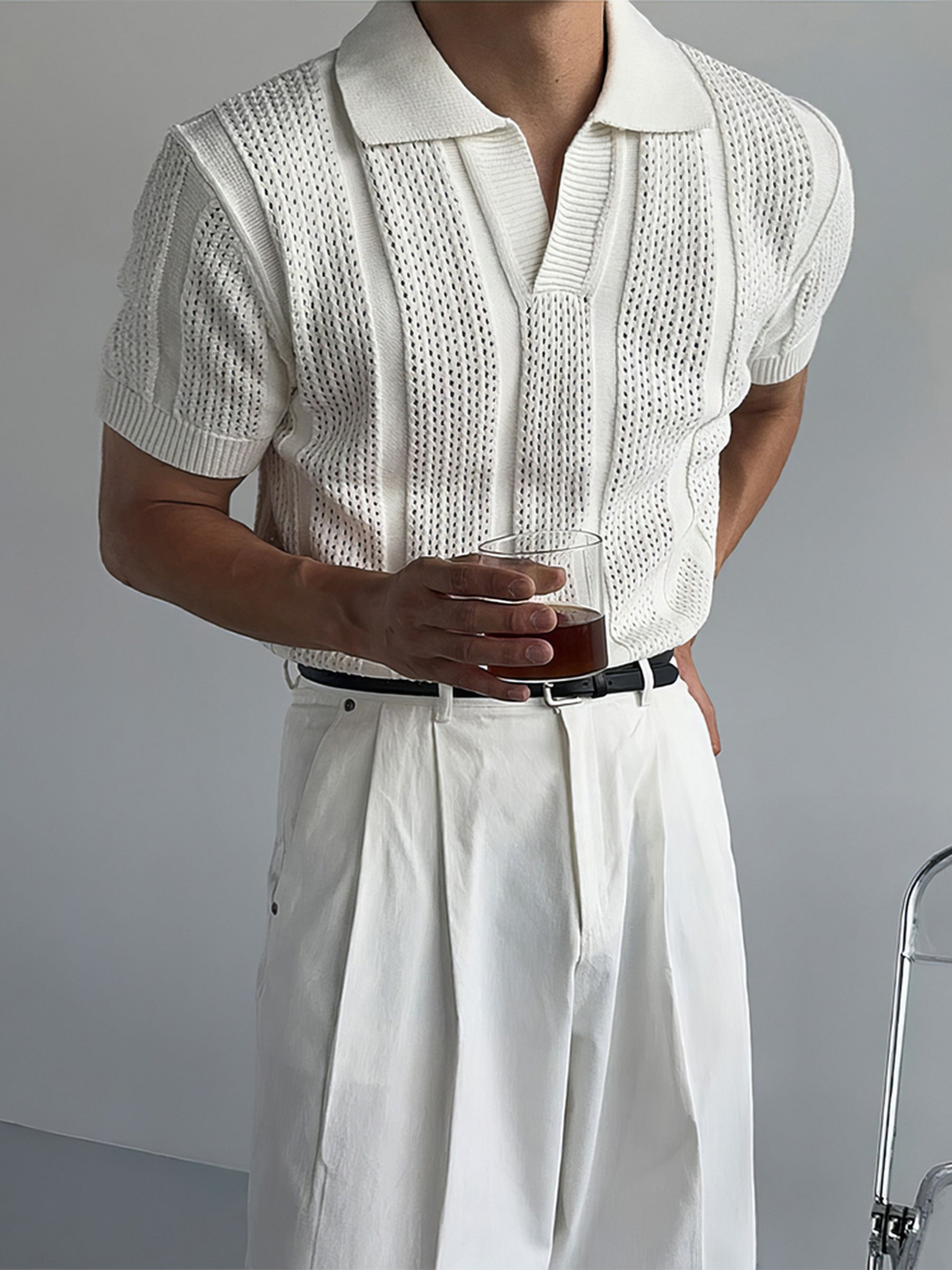 White Mesh Knit Polo Top