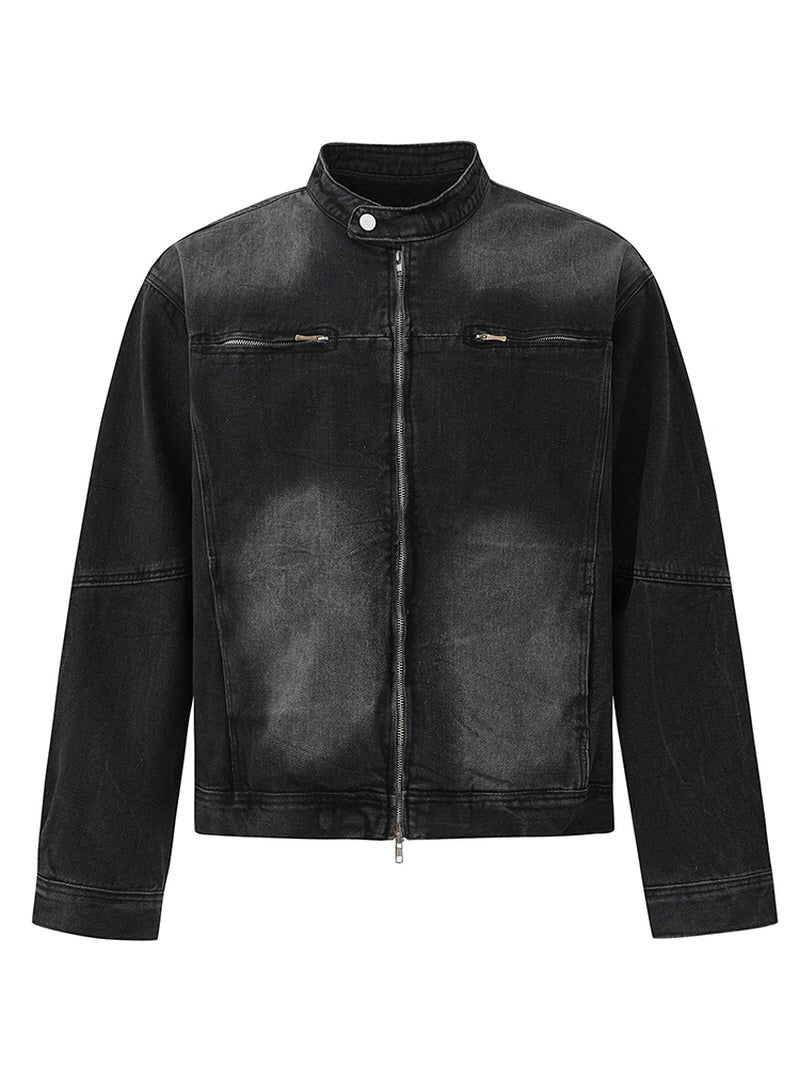 Cropped Stand Collar Denim Jacket