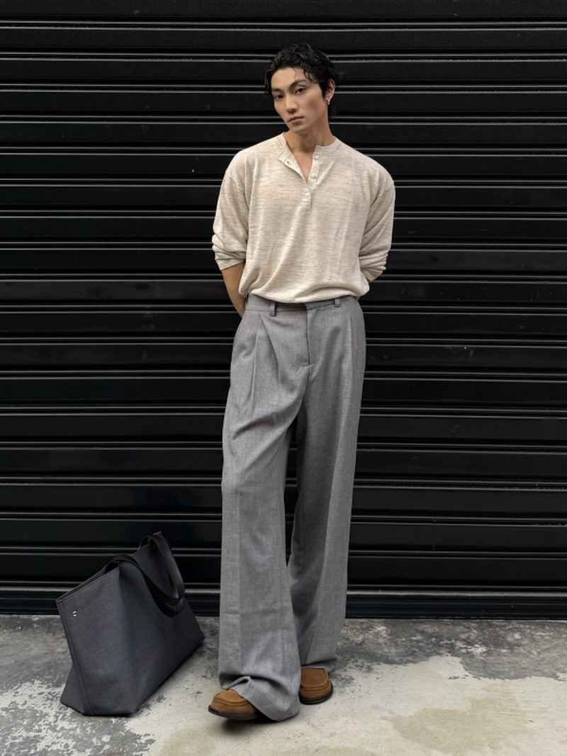 Linen Blend Henry Neck Long Sleeve T-Shirt