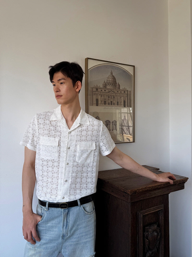 White Lace Cuban Collar Shirt