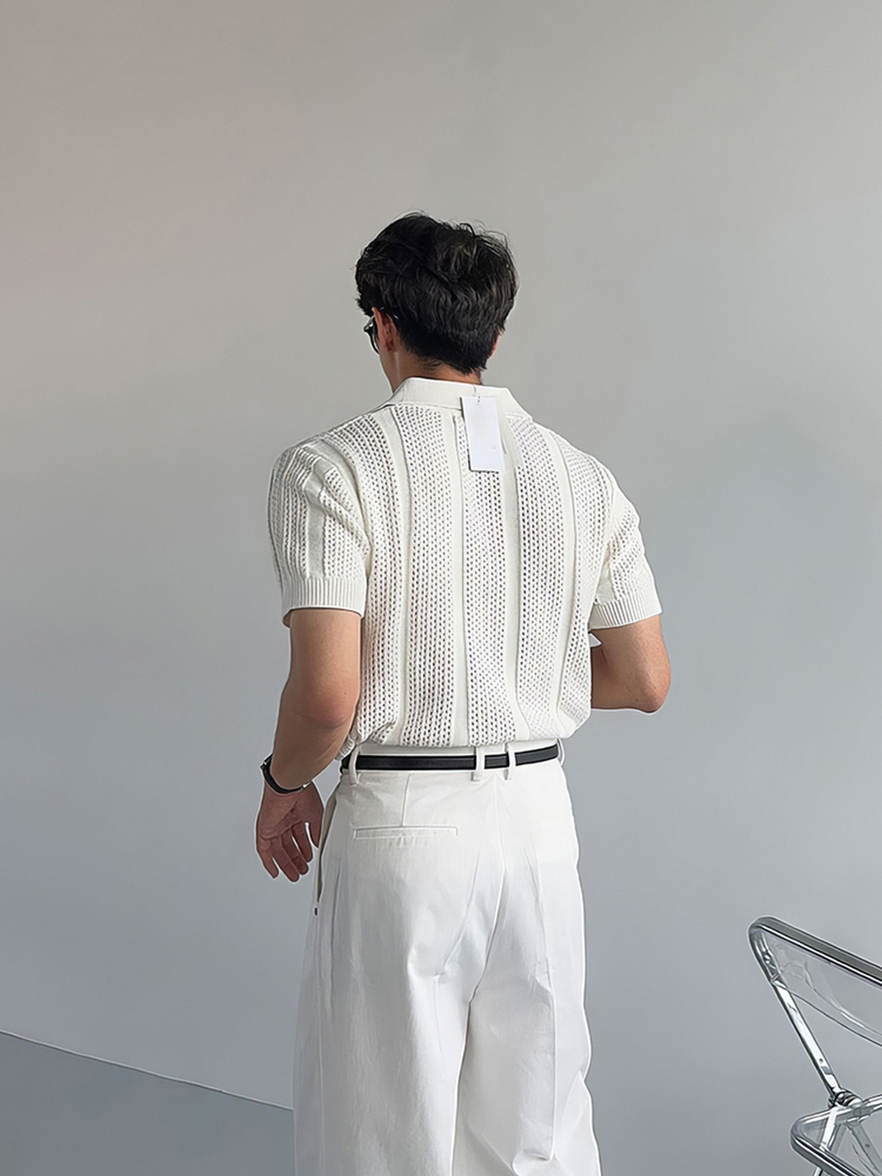 White Mesh Knit Polo Top