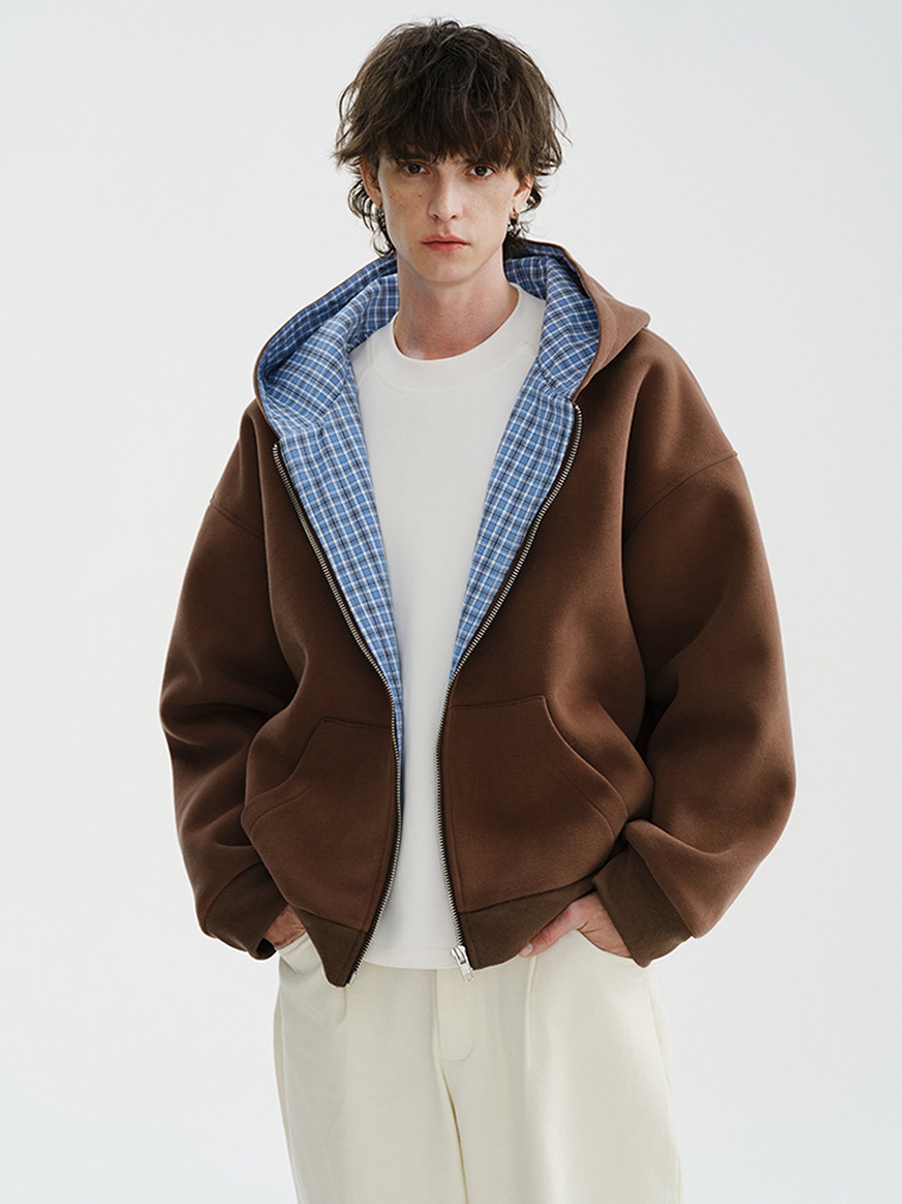 Heavy Plaid Hooded Cardigan