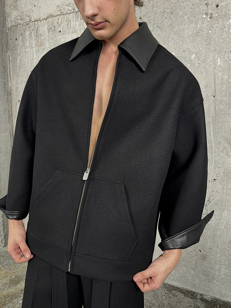 Leather Collar Tweed Jacket