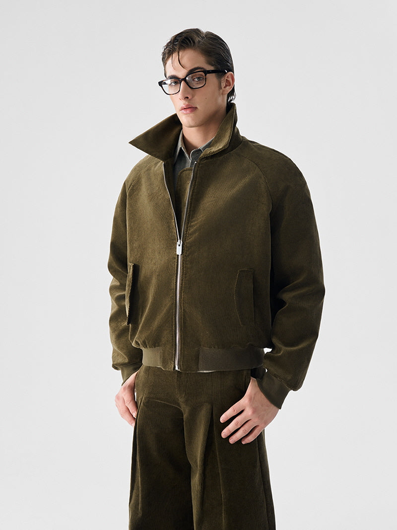 Dark Green Corduroy Short-Zip Jacket