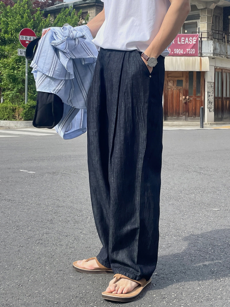 Elastic Waist Single Pleated Straight Jeans