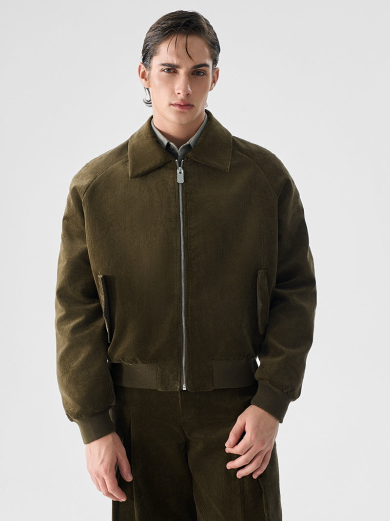 Dark Green Corduroy Short-Zip Jacket