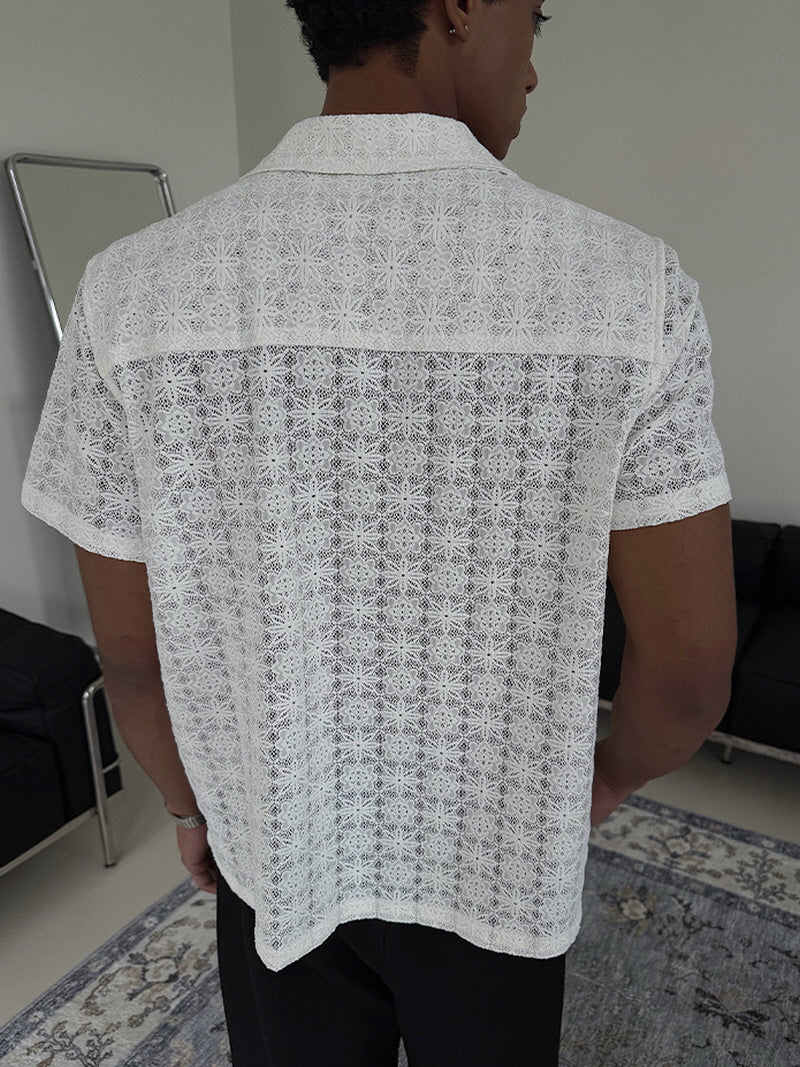 White Lace Cuban Collar Shirt