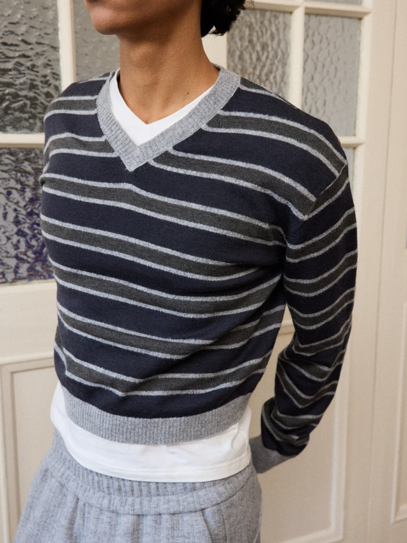 Cropped Stripe V-Neck Knit