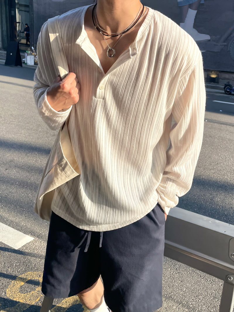 Casual Knit Henley Stripe Long Sleeve Top