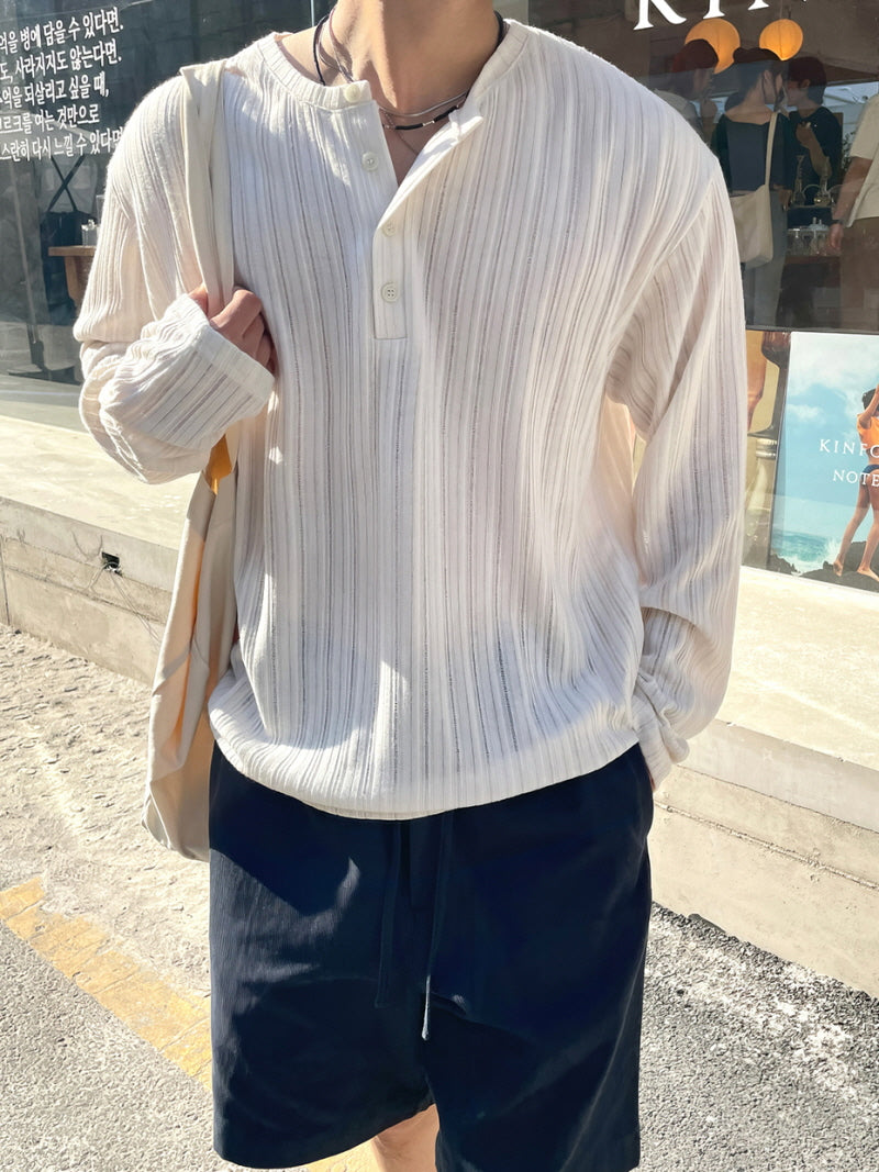 Casual Knit Henley Stripe Long Sleeve Top
