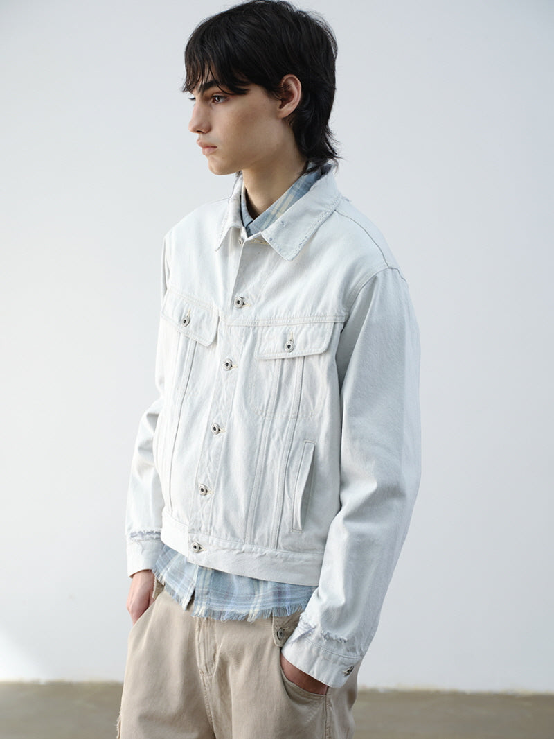 Distressed Blue-White Crop Jacket