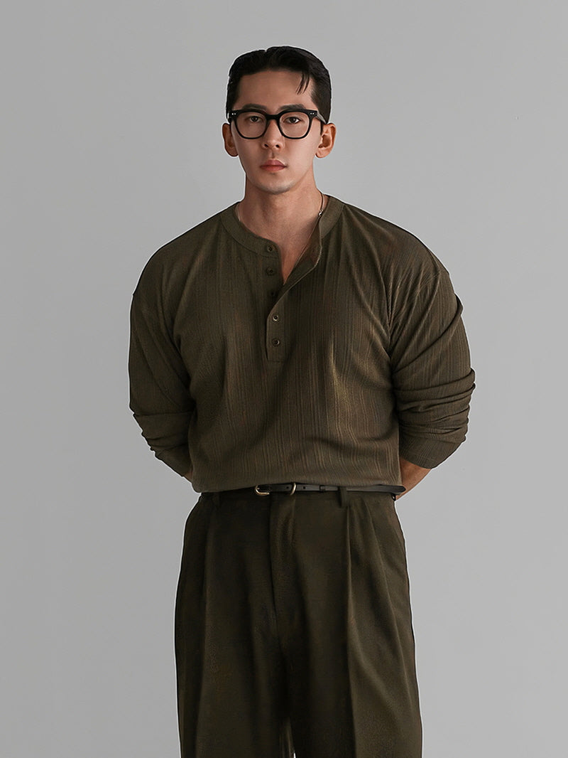 Henry Collar Vertical Stripe T-Shirt