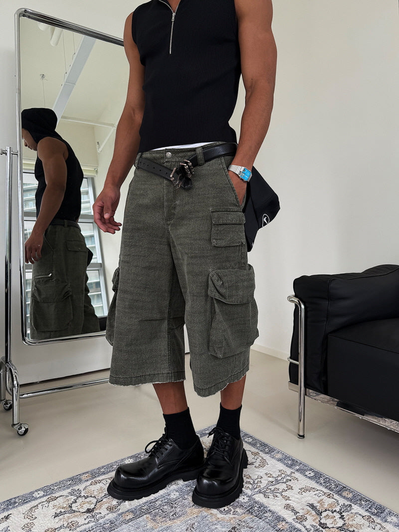 Retro Army Green Cropped Cargo Shorts