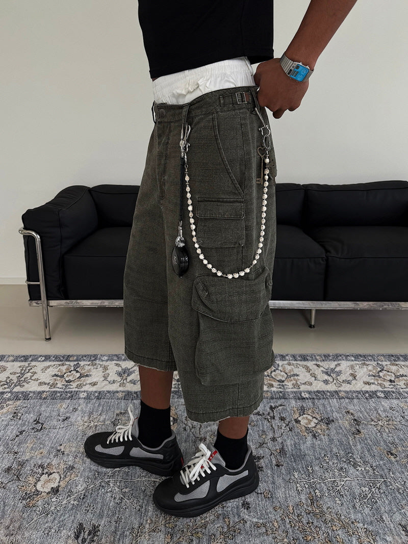 Retro Army Green Cropped Cargo Shorts