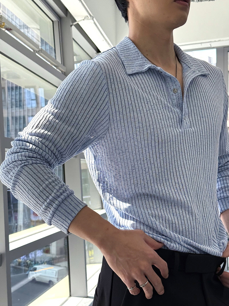 Blue Striped Open-Knit Polo