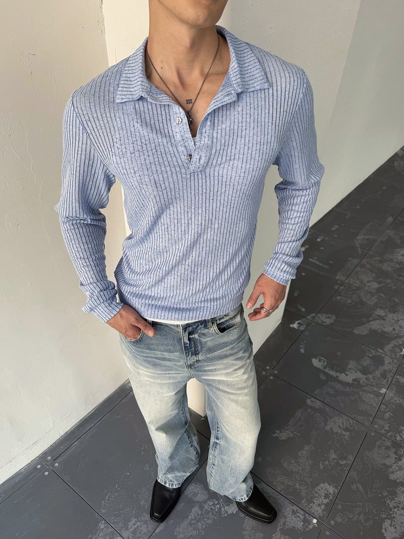 Blue Striped Open-Knit Polo