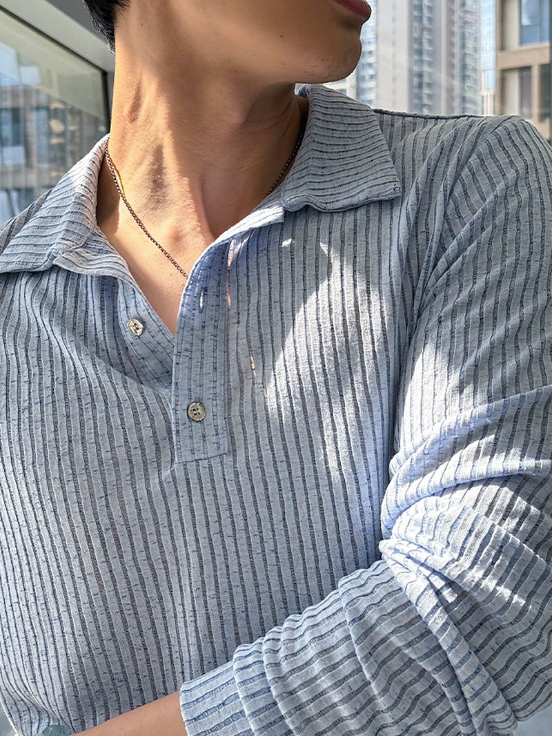 Blue Striped Open-Knit Polo