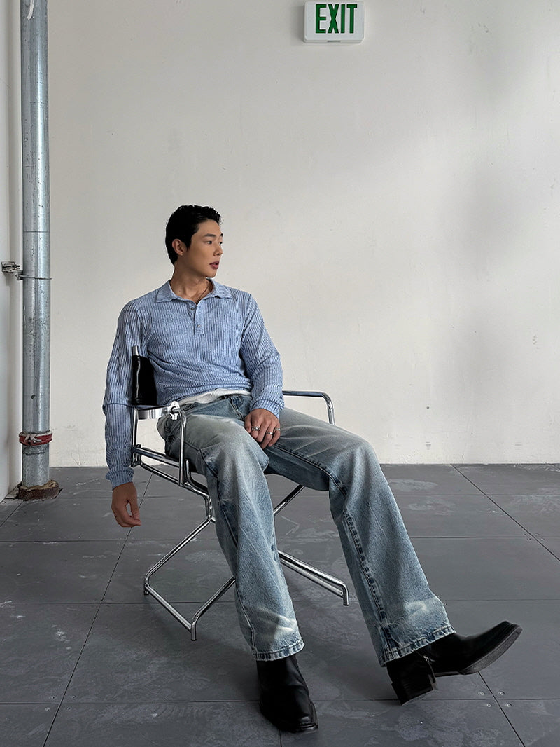 Blue Striped Open-Knit Polo