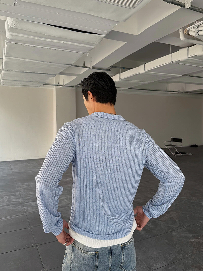 Blue Striped Open-Knit Polo