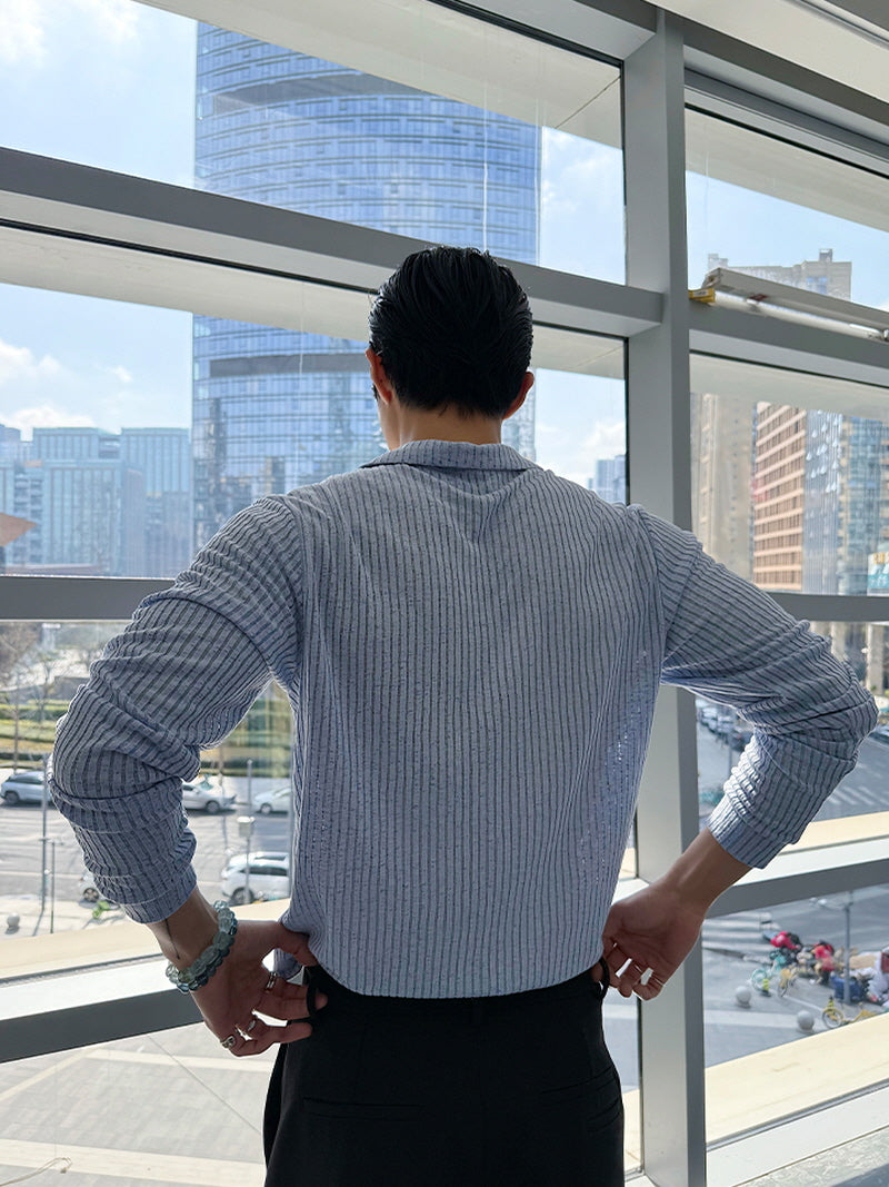 Blue Striped Open-Knit Polo