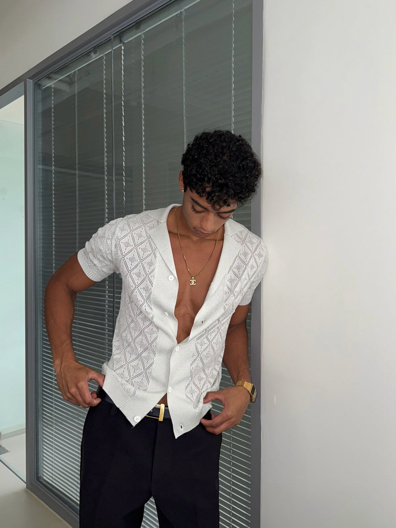 Silver Diamond Check Knit Lapel Short Sleeve