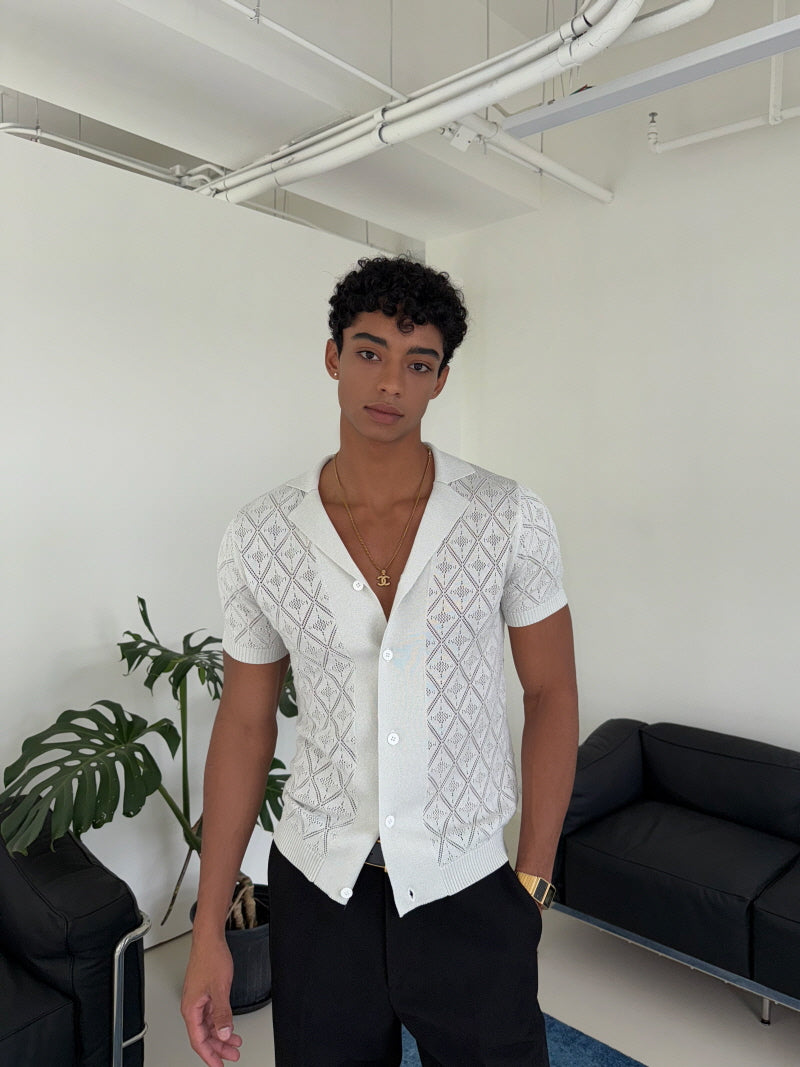 Silver Diamond Check Knit Lapel Short Sleeve