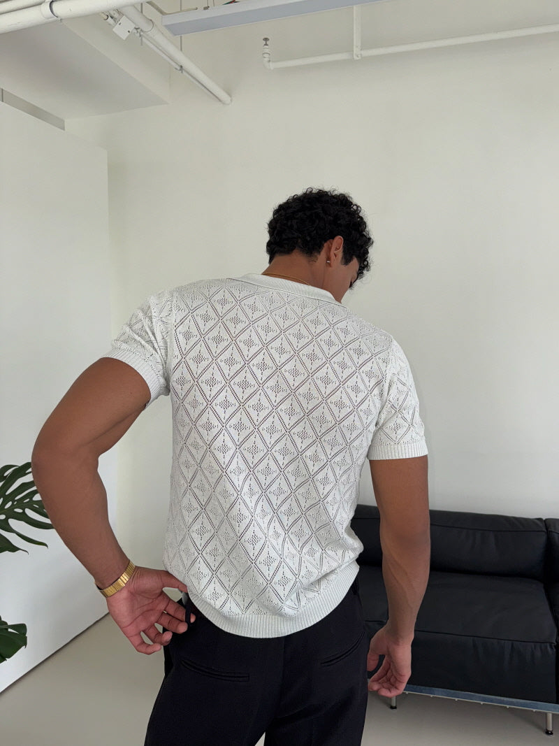 Silver Diamond Check Knit Lapel Short Sleeve