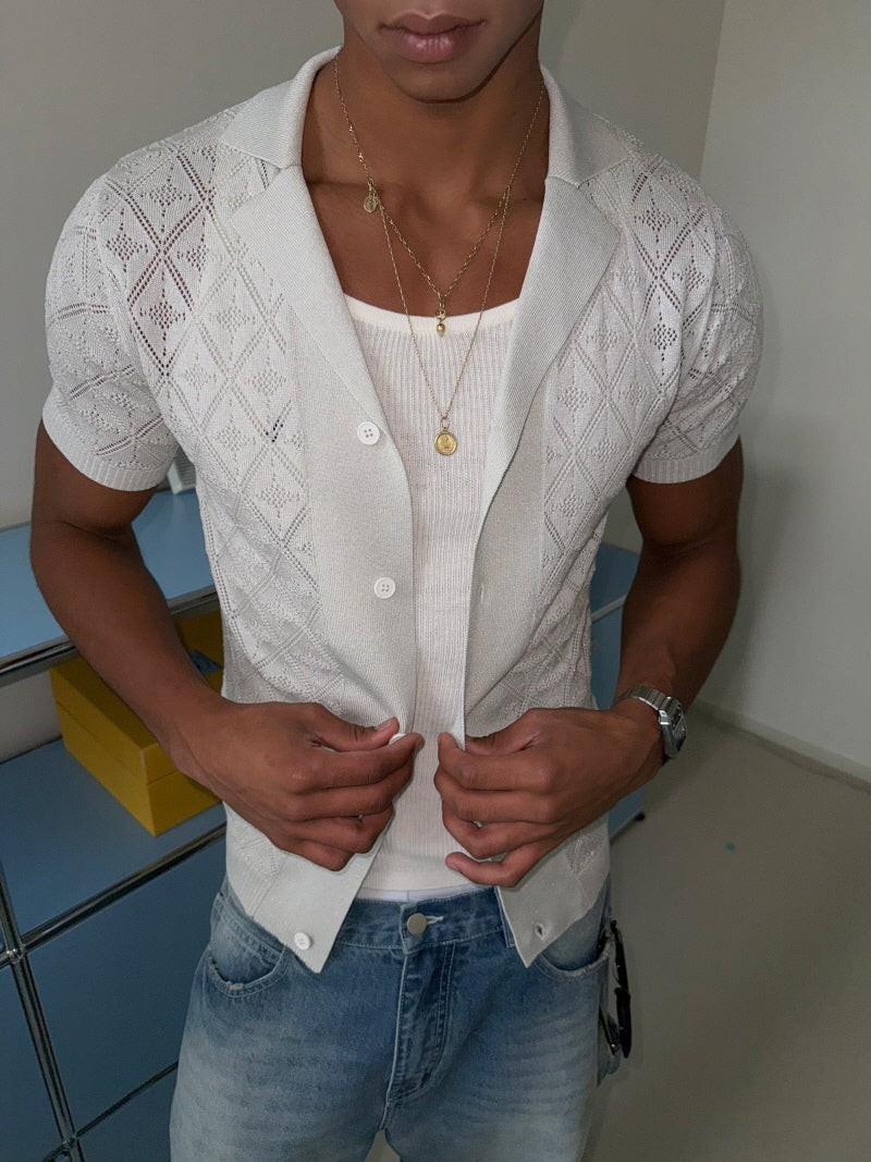 Silver Diamond Check Knit Lapel Short Sleeve